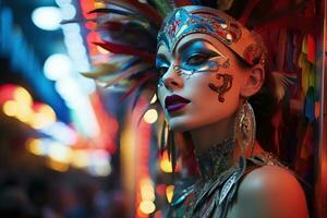 AI generated Woman carnival mask and neon glow, carnival festival pictures photo