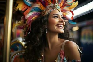 AI generated Enchanting carousel ride woman joy in vibrant carnival colors, festive carnival photos
