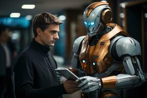 AI generated Personalized service humanoid robot assistant in futuristic hotel, futurism image photo