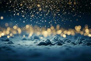 AI generated Blank canvas of white snow with a blurred Christmas tree and bokeh lights AI Generated photo