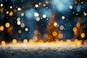 AI generated Christmas enchantment Bokeh lights against white snow framing a blurred Christmas tree AI Generated photo