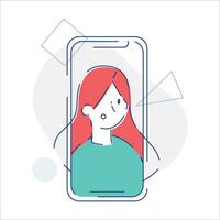 vector ilustración de un niña con largo pelo en un teléfono inteligente hembra personaje en un plano estilo.