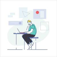 Man working on laptop in office. Vector illustration in flat style.