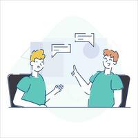 Communication concept in flat design style. Two young men talk and talk. Vector illustration.