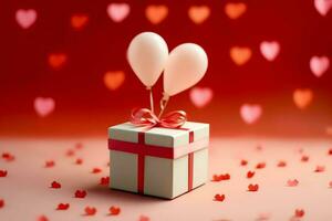 contento San Valentín día concepto con rojo regalo caja y corazón conformado globos romántico bandera amor concepto por ai generado foto