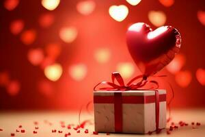 Happy valentine's day concept with red gift box and heart  shaped balloons romantic banner love concept by AI Generated photo