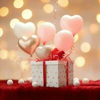 contento San Valentín día concepto con rojo regalo caja y corazón conformado globos romántico bandera amor concepto por ai generado foto