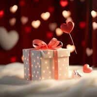 contento San Valentín día concepto con rojo regalo caja y corazón conformado globos romántico bandera amor concepto por ai generado foto