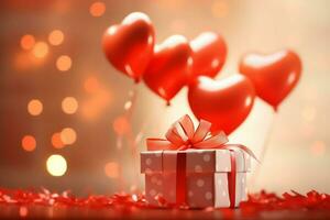 Happy valentine's day concept with red gift box and heart  shaped balloons romantic banner love concept by AI Generated photo