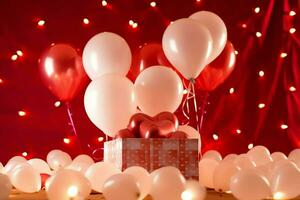 contento San Valentín día concepto con rojo regalo caja y corazón conformado globos romántico bandera amor concepto por ai generado foto