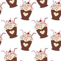 Seamless pattern of sweet dessert with cocktail straw, decoration, cream and cherry in trendy shades vector