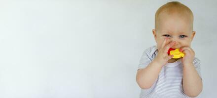un linda chico es masticación un juguete en un blanco antecedentes. dentición en niños. foto