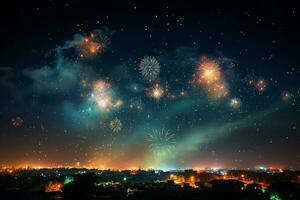 AI generated Night sky spectacle Fireworks display harmonizing with the ethereal Milky Way AI Generated photo