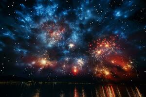 AI generated Night sky spectacle Fireworks display harmonizing with the ethereal Milky Way AI Generated photo