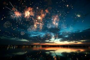 AI generated Night sky spectacle Fireworks display harmonizing with the ethereal Milky Way AI Generated photo