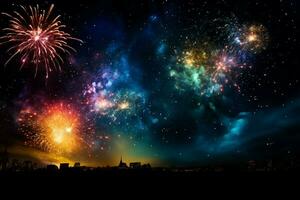 AI generated Colorful fireworks illuminate the night sky, mingling with the Milky Way AI Generated photo