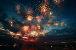 AI generated Night sky spectacle Fireworks display harmonizing with the ethereal Milky Way AI Generated photo