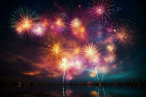 AI generated Mesmerizing fireworks burst against a Milky Way backdrop a celestial celebration AI Generated photo