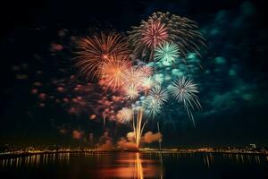 AI generated Colorful fireworks illuminate the night sky, mingling with the Milky Way AI Generated photo