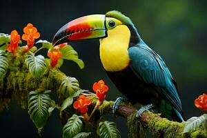 AI generated Keel billed Toucan perched on a forest branch in Panamas lush greenery AI Generated photo