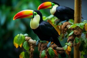 AI generated Keel billed Toucan perched on a forest branch in Panamas lush greenery AI Generated photo