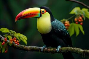 AI generated Keel billed Toucan perched on a forest branch in Panamas lush greenery AI Generated photo