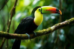 AI generated Keel billed Toucan perched on a forest branch in Panamas lush greenery AI Generated photo