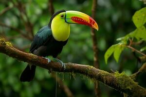 AI generated Keel billed Toucan perched on a forest branch in Panamas lush greenery AI Generated photo