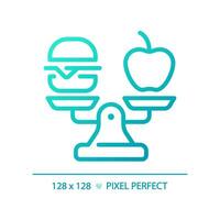 2D pixel perfect blue gradient food on weight scale icon, isolated vector, thin line illustration representing comparisons. vector