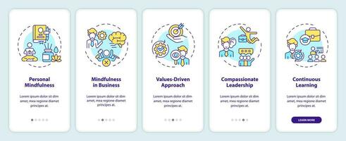 2D icons representing mindful entrepreneurship mobile app screen set. Walkthrough 5 steps multicolor graphic instructions with linear icons concept, UI, UX, GUI template. vector