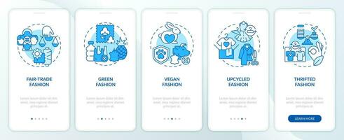 2D icons representing sustainable fashion mobile app screen set. Walkthrough 5 steps blue graphic instructions with linear icons concept, UI, UX, GUI template. vector