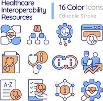 2D editable multicolor thin line icons set representing healthcare interoperability resources, isolated vector, linear illustration. vector