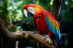 ai generado maravilloso guacamayo exhibiendo sus vibrante y vistoso plumaje ai generado foto