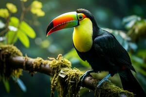 AI generated Keel billed Toucan perched on a forest branch in Panamas lush greenery AI Generated photo