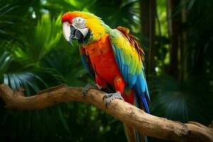 ai generado maravilloso guacamayo exhibiendo sus vibrante y vistoso plumaje ai generado foto