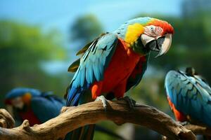 ai generado maravilloso guacamayo exhibiendo sus vibrante y vistoso plumaje ai generado foto