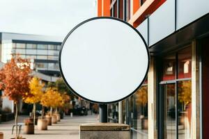 AI generated Company branding in focus with a round white sign mockup in a country city AI Generated photo