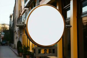 AI generated Company branding in focus with a round white sign mockup in a country city AI Generated photo