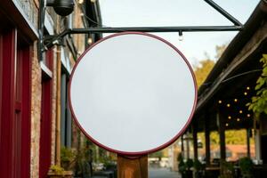 AI generated Company branding in focus with a round white sign mockup in a country city AI Generated photo