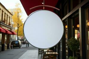 AI generated Company branding in focus with a round white sign mockup in a country city AI Generated photo