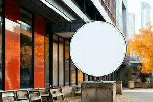 AI generated Company branding in focus with a round white sign mockup in a country city AI Generated photo