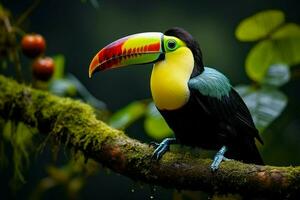 AI generated Keel billed Toucan perched on a forest branch in Panamas lush greenery AI Generated photo