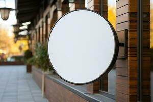 AI generated Company branding in focus with a round white sign mockup in a country city AI Generated photo