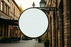 AI generated Company branding in focus with a round white sign mockup in a country city AI Generated photo