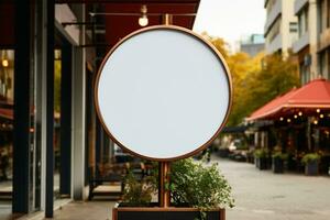 AI generated Company branding in focus with a round white sign mockup in a country city AI Generated photo