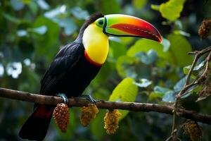 ai generado vibrante quilla facturado tucán en medio de Panamá Rico vegetación un cautivador fauna silvestre escena ai generado foto