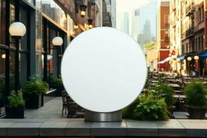 AI generated Company branding in focus with a round white sign mockup in a country city AI Generated photo