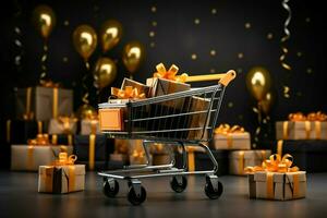 AI generated trolly shopping cart Realistic black Christmas gifts adorned with gold ribbons for a Black Friday sale AI Generated photo