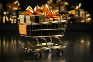 AI generated trolly shopping cart Realistic black Christmas gifts adorned with gold ribbons for a Black Friday sale AI Generated photo