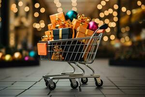 ai generado carrito compras carro realista negro Navidad regalos adornado con oro cintas para un negro viernes rebaja ai generado foto